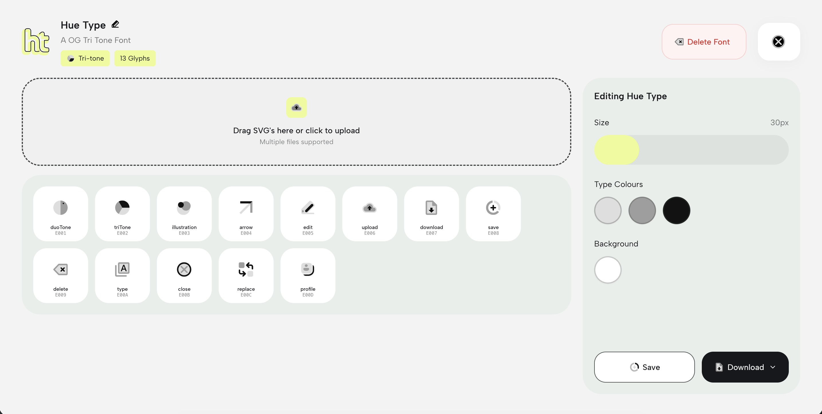 Hue Type icon font maker — a shared icon repository dashboard for design teams