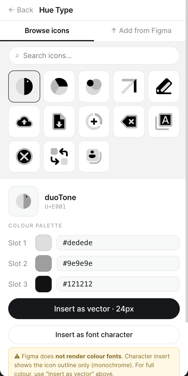 Figma icon font plugin — browse and insert custom icon font glyphs